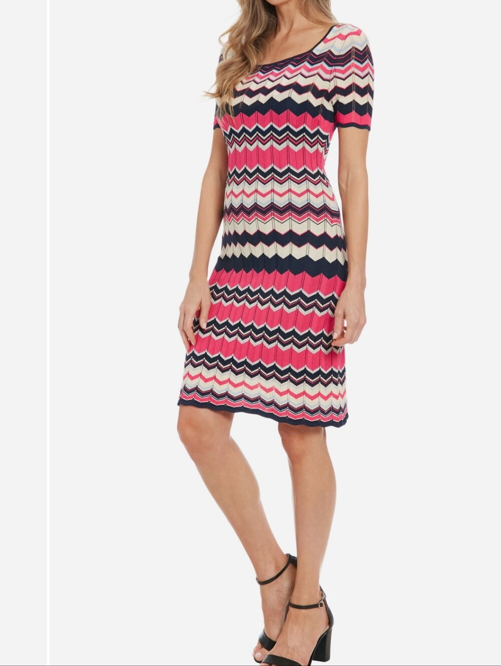 London Times Medium Pink Black Blue Stripe Short Sleeve Sweater Dress